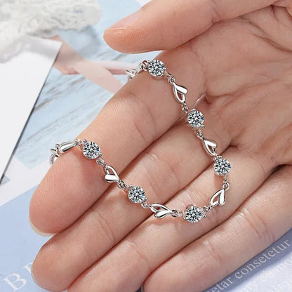 Hot 925 Sterling Silver Zircon Love Heart Shaped Bracelets Crystals for Women Valentines Gift Wedding Party Cute Jewelry