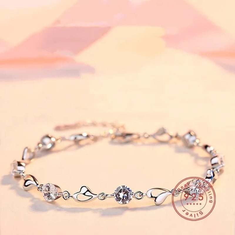 Hot 925 Sterling Silver Zircon Love Heart Shaped Bracelets Crystals for Women Valentines Gift Wedding Party Cute Jewelry