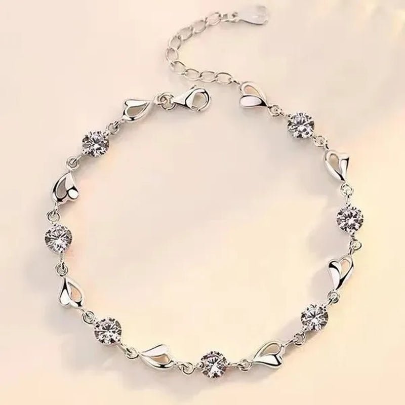 Hot 925 Sterling Silver Zircon Love Heart Shaped Bracelets Crystals for Women Valentines Gift Wedding Party Cute Jewelry