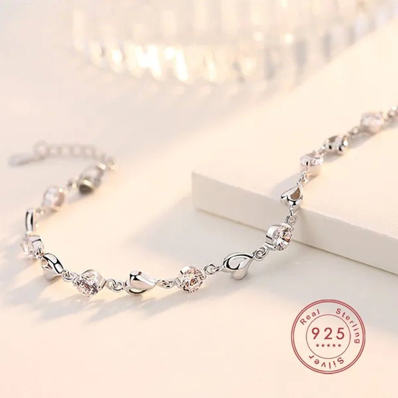 Hot 925 Sterling Silver Zircon Love Heart Shaped Bracelets Crystals for Women Valentines Gift Wedding Party Cute Jewelry