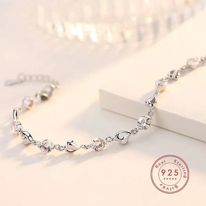 Hot 925 Sterling Silver Zircon Love Heart Shaped Bracelets Crystals for Women Valentines Gift Wedding Party Cute Jewelry