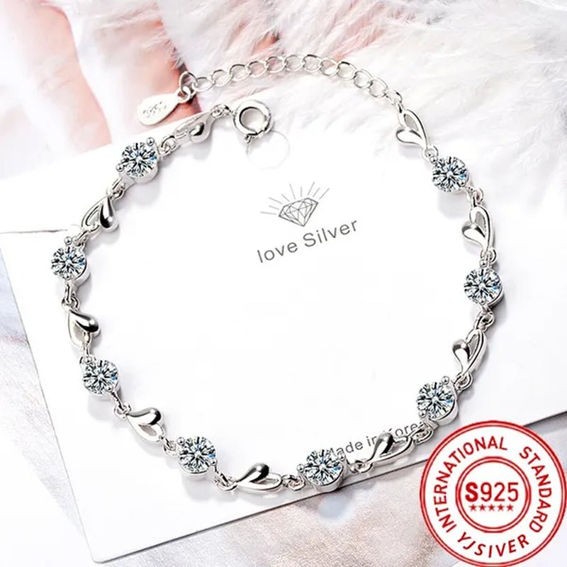 Hot 925 Sterling Silver Zircon Love Heart Shaped Bracelets Crystals for Women Valentines Gift Wedding Party Cute Jewelry - WORLD TIME VISITS