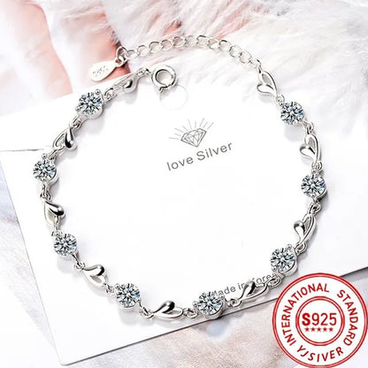 Hot 925 Sterling Silver Zircon Love Heart Shaped Bracelets Crystals for Women Valentines Gift Wedding Party Cute Jewelry - WORLD TIME VISITS