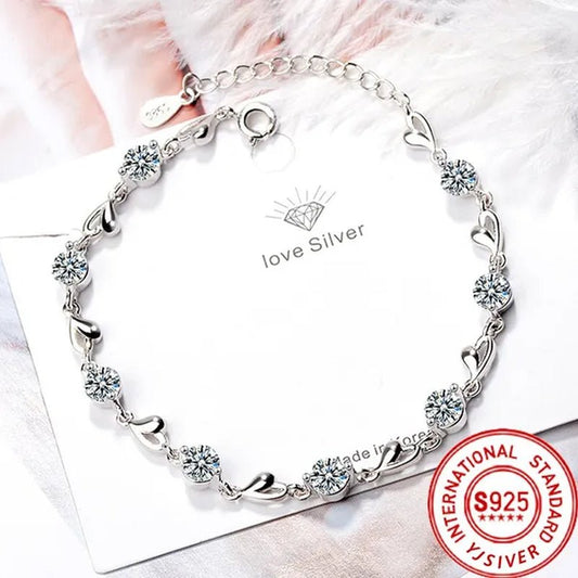 Hot 925 Sterling Silver Zircon Love Heart Shaped Bracelets Crystals for Women Valentines Gift Wedding Party Cute Jewelry - WORLD TIME VISITS