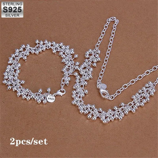 Hot Charm 925 Sterling Silver Bracelets Necklace Jewelry Set for Women Beautiful Fringe Line Frosted Beads Fashion Party Gifts - WORLD TIME VISITS
