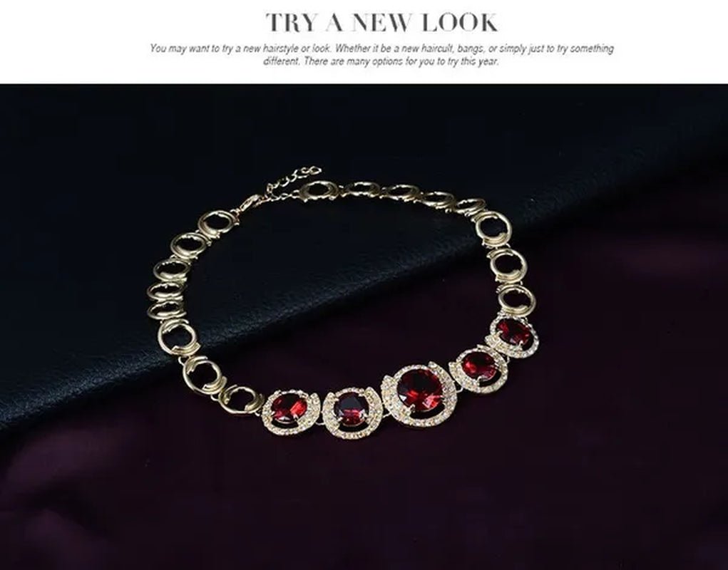 Hot Sale 18K Gold Plated Crystal Ruby Emerald Zircon Chunky Necklace Jewelry Set