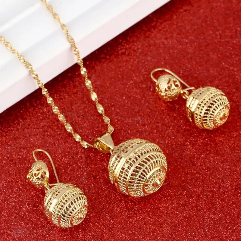 Hot Sale 24K Gold Jewelry Set Necklace Earrings Pendant Fashion African round Beads Jewelry for Women