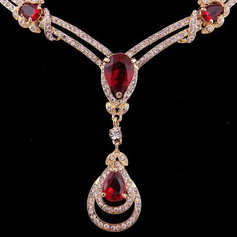 HOT Sale RED Garnet Ruby Topaz 18k Yellow/white Gold Plated Crystal Water Drop Necklace Earring Jewelry Set