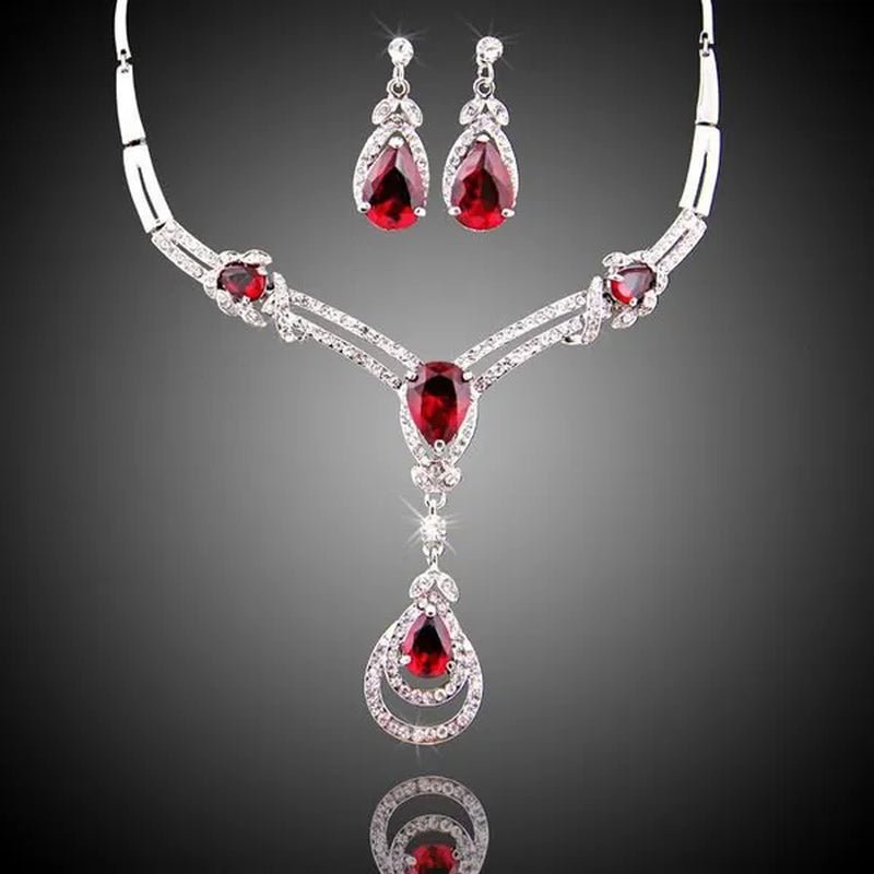 HOT Sale RED Garnet Ruby Topaz 18k Yellow/white Gold Plated Crystal Water Drop Necklace Earring Jewelry Set - WORLD TIME VISITS