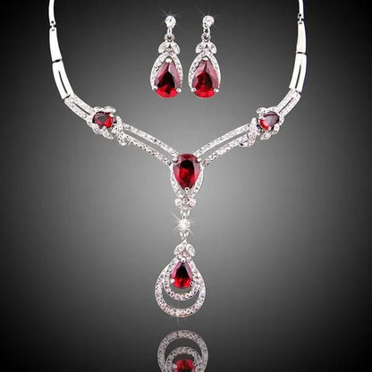 HOT Sale RED Garnet Ruby Topaz 18k Yellow/white Gold Plated Crystal Water Drop Necklace Earring Jewelry Set - WORLD TIME VISITS