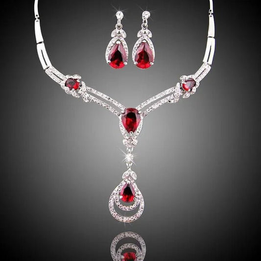 HOT Sale RED Garnet Ruby Topaz 18k Yellow/white Gold Plated Crystal Water Drop Necklace Earring Jewelry Set - WORLD TIME VISITS