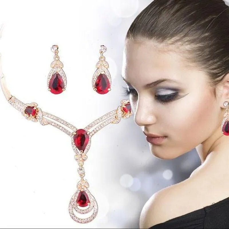 HOT Sale RED Garnet Ruby Topaz 18k Yellow/white Gold Plated Crystal Water Drop Necklace Earring Jewelry Set - WORLD TIME VISITS