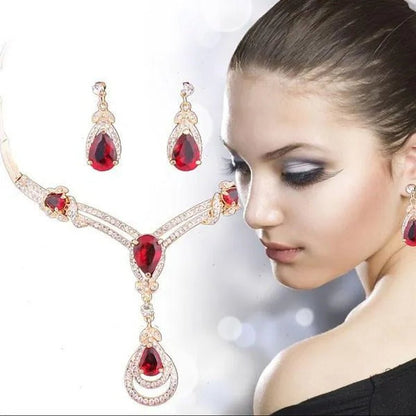 HOT Sale RED Garnet Ruby Topaz 18k Yellow/white Gold Plated Crystal Water Drop Necklace Earring Jewelry Set - WORLD TIME VISITS