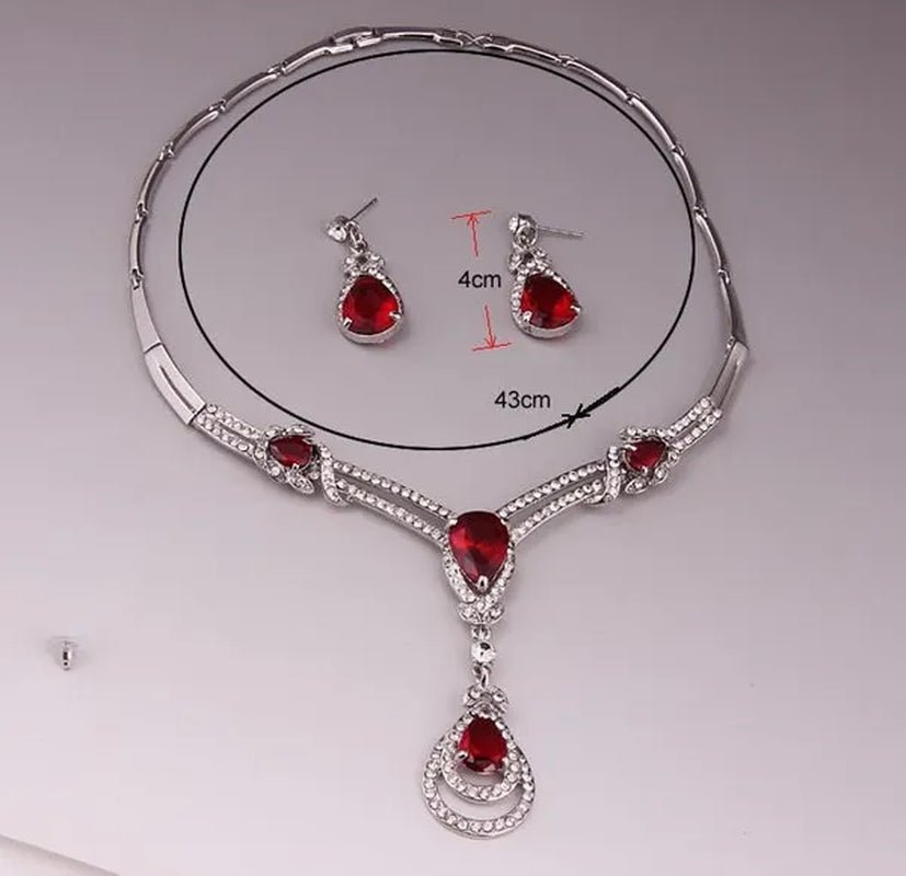 HOT Sale RED Garnet Ruby Topaz 18k Yellow/white Gold Plated Crystal Water Drop Necklace Earring Jewelry Set