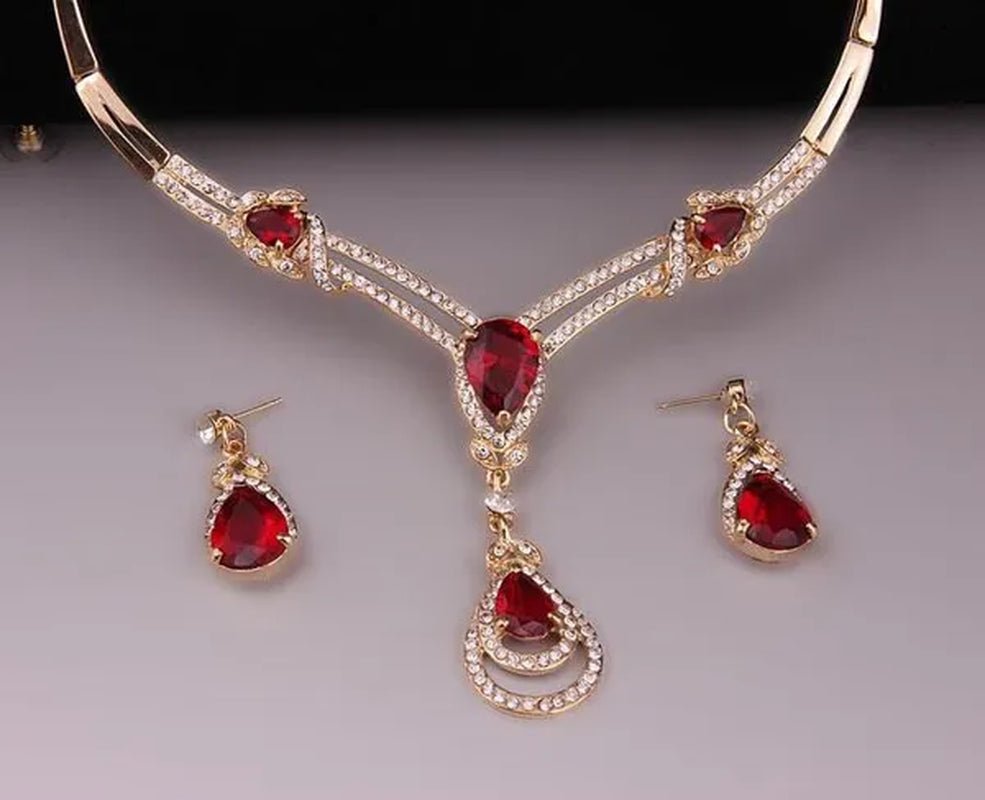 HOT Sale RED Garnet Ruby Topaz 18k Yellow/white Gold Plated Crystal Water Drop Necklace Earring Jewelry Set