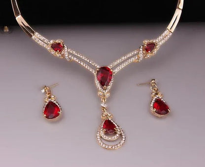 HOT Sale RED Garnet Ruby Topaz 18k Yellow/white Gold Plated Crystal Water Drop Necklace Earring Jewelry Set