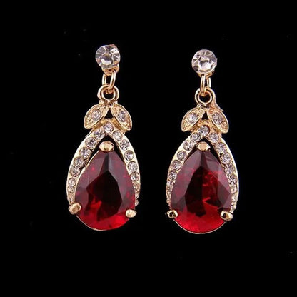 HOT Sale RED Garnet Ruby Topaz 18k Yellow/white Gold Plated Crystal Water Drop Necklace Earring Jewelry Set