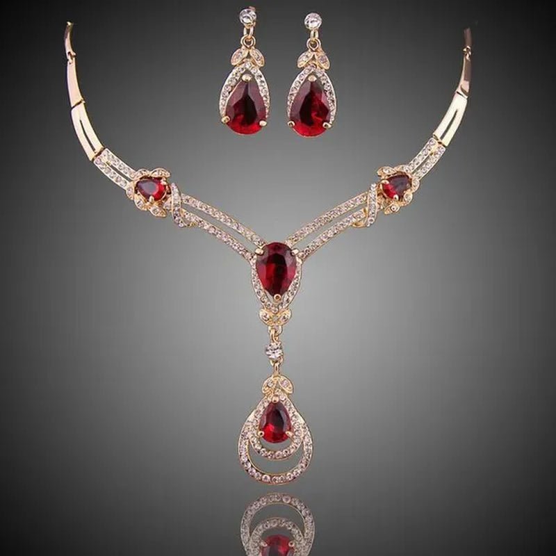 HOT Sale RED Garnet Ruby Topaz 18k Yellow/white Gold Plated Crystal Water Drop Necklace Earring Jewelry Set - WORLD TIME VISITS