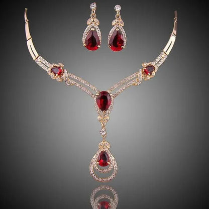 HOT Sale RED Garnet Ruby Topaz 18k Yellow/white Gold Plated Crystal Water Drop Necklace Earring Jewelry Set - WORLD TIME VISITS