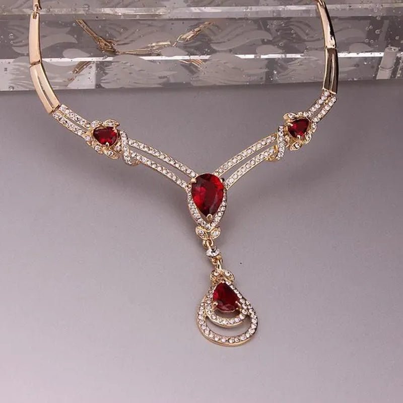 HOT Sale RED Garnet Ruby Topaz 18k Yellow/white Gold Plated Crystal Water Drop Necklace Earring Jewelry Set