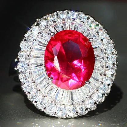 Huge Silver Ruby & White Sapphire Birthstone Gemstones Engagement Wedding Anniversary Flower Ring