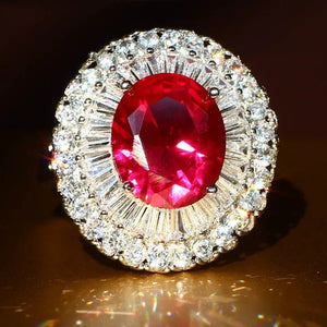 Huge Silver Ruby & White Sapphire Birthstone Gemstones Engagement Wedding Anniversary Flower Ring