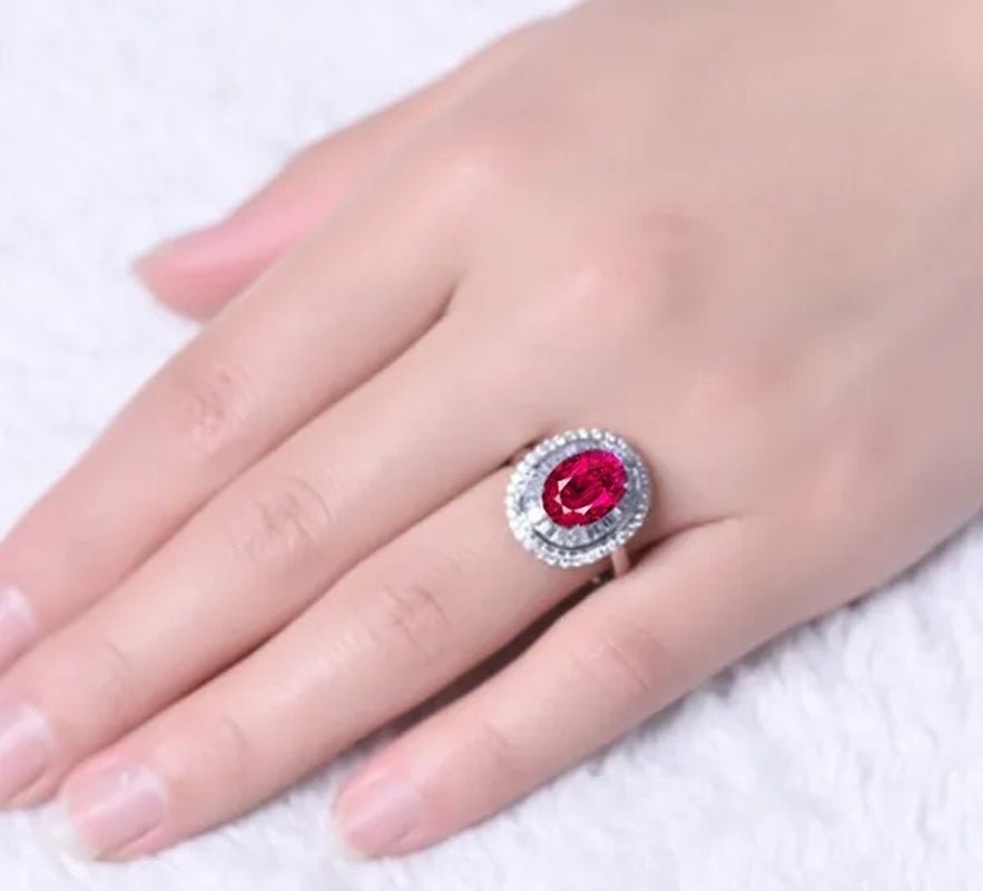 Huge Silver Ruby & White Sapphire Birthstone Gemstones Engagement Wedding Anniversary Flower Ring - WORLD TIME VISITS