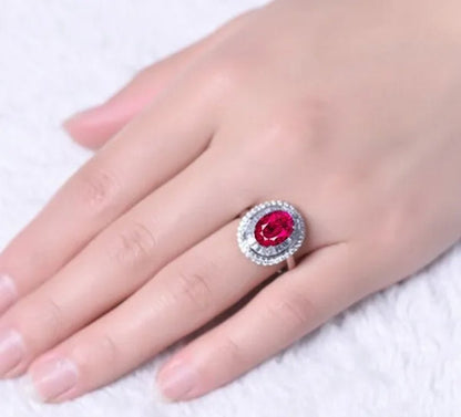 Huge Silver Ruby & White Sapphire Birthstone Gemstones Engagement Wedding Anniversary Flower Ring - WORLD TIME VISITS
