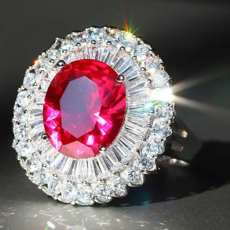Huge Silver Ruby & White Sapphire Birthstone Gemstones Engagement Wedding Anniversary Flower Ring
