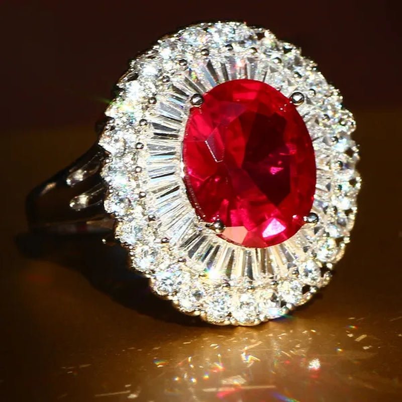 Huge Silver Ruby & White Sapphire Birthstone Gemstones Engagement Wedding Anniversary Flower Ring