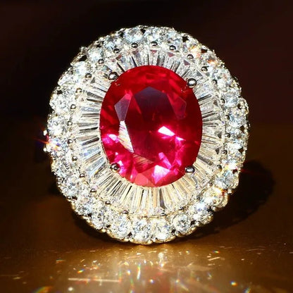 Huge Silver Ruby & White Sapphire Birthstone Gemstones Engagement Wedding Anniversary Flower Ring