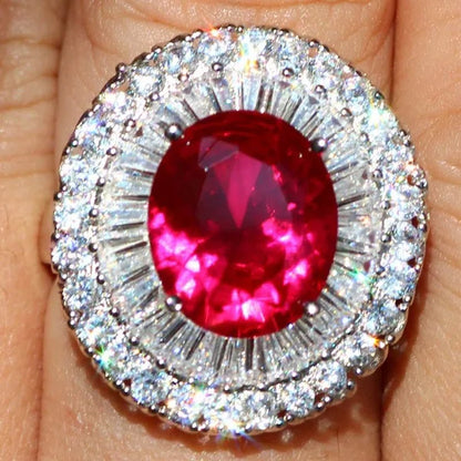 Huge Silver Ruby & White Sapphire Birthstone Gemstones Engagement Wedding Anniversary Flower Ring