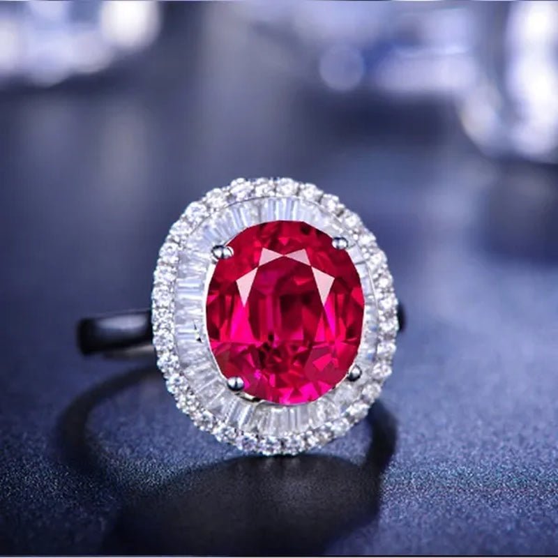 Huge Silver Ruby & White Sapphire Birthstone Gemstones Engagement Wedding Anniversary Flower Ring - WORLD TIME VISITS