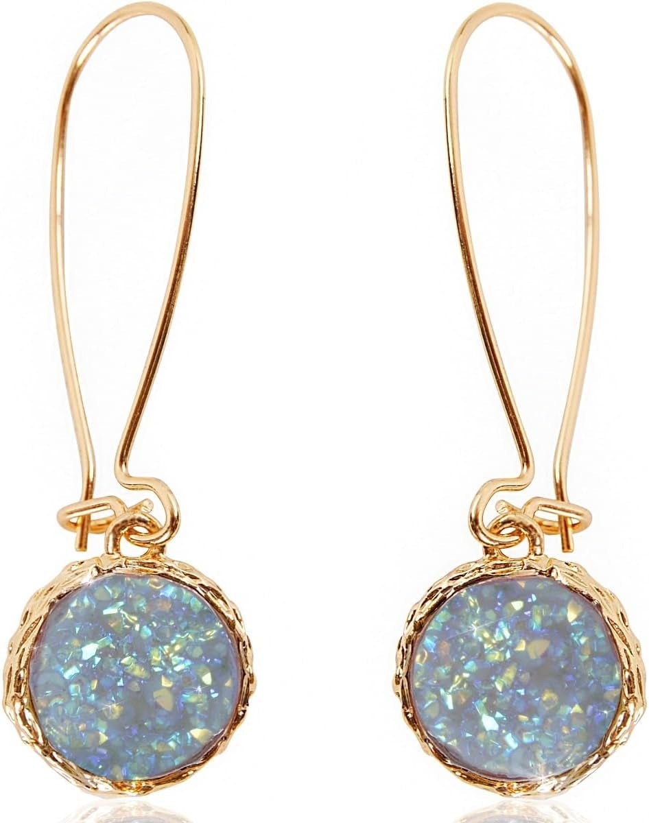 Humble Chic Simulated Druzy Threader Drop Earrings for Women - Gold, Silver, or Rose Gold Tone Trendy Boho Dangles with Sparkly round Stone - WORLD TIME VISITS