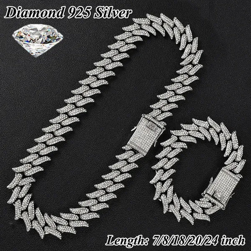 Iced Out Chain 925 Silver Diamond Miami Cuban Chain Link Choker Hip Hop Jewelry Silver Chain for Men Necklace Bracelet 7 - 24 Inch - WORLD TIME VISITS
