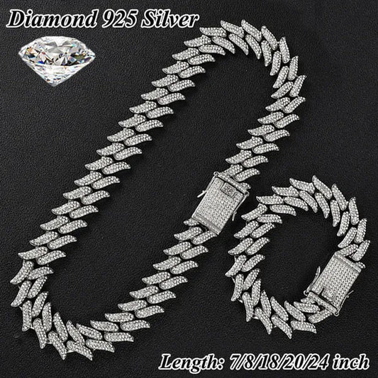 Iced Out Chain 925 Silver Diamond Miami Cuban Chain Link Choker Hip Hop Jewelry Silver Chain for Men Necklace Bracelet 7 - 24 Inch - WORLD TIME VISITS