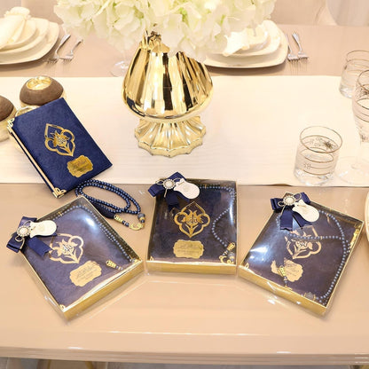 IEF Pack of 5 Personalized Velvet Yaseen Dua Book Prayer Beads Islamic Party Favor Gift, Decorated Navy Blue Pearl Prayer Bead Muslim Gift Set for Ramadan Eid Hajj Umrah Wedding Baby Shower