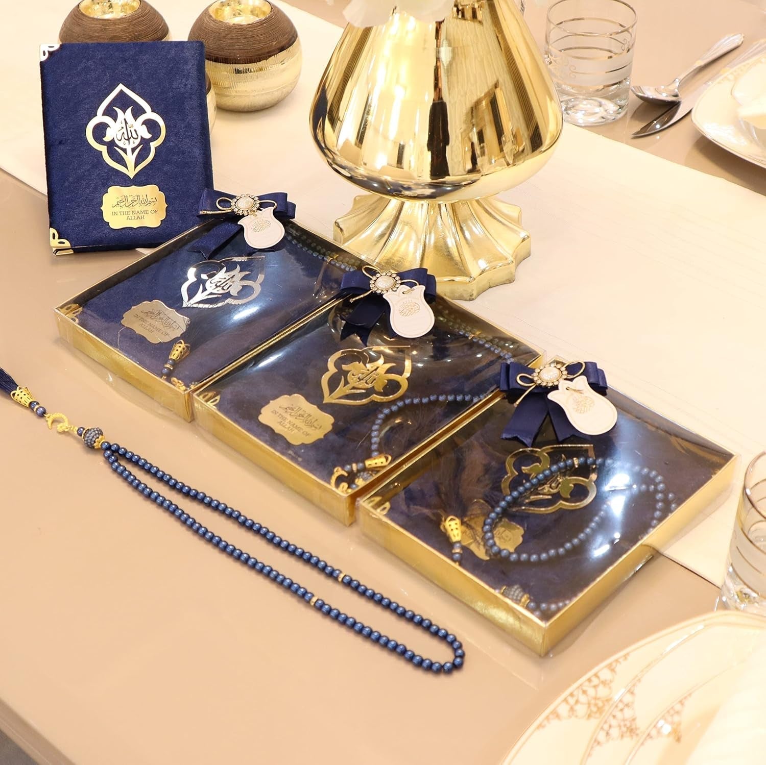 IEF Pack of 5 Personalized Velvet Yaseen Dua Book Prayer Beads Islamic Party Favor Gift, Decorated Navy Blue Pearl Prayer Bead Muslim Gift Set for Ramadan Eid Hajj Umrah Wedding Baby Shower - WORLD TIME VISITS