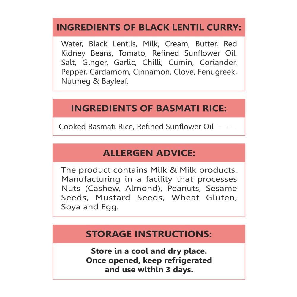 Indian Cuisine Ready to Eat Meals Pack of 6, 12.3Oz- Basmati Rice with Black Lentil Curry - Microwavable No Preservatives, Heat and Eat Meal Box Ready in 90 Seconds