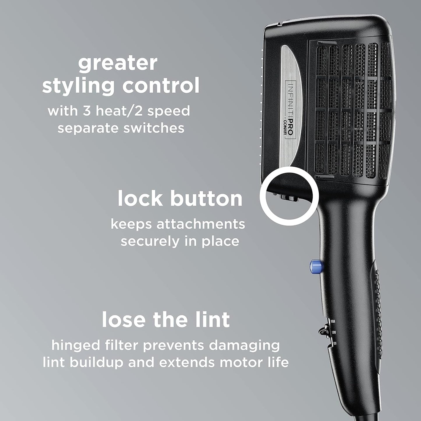 INFINITIPRO by  3-In-1 Styling Hair Dryer, 1875W Hair Dryer with Ceramic Technology and 3 Attachments