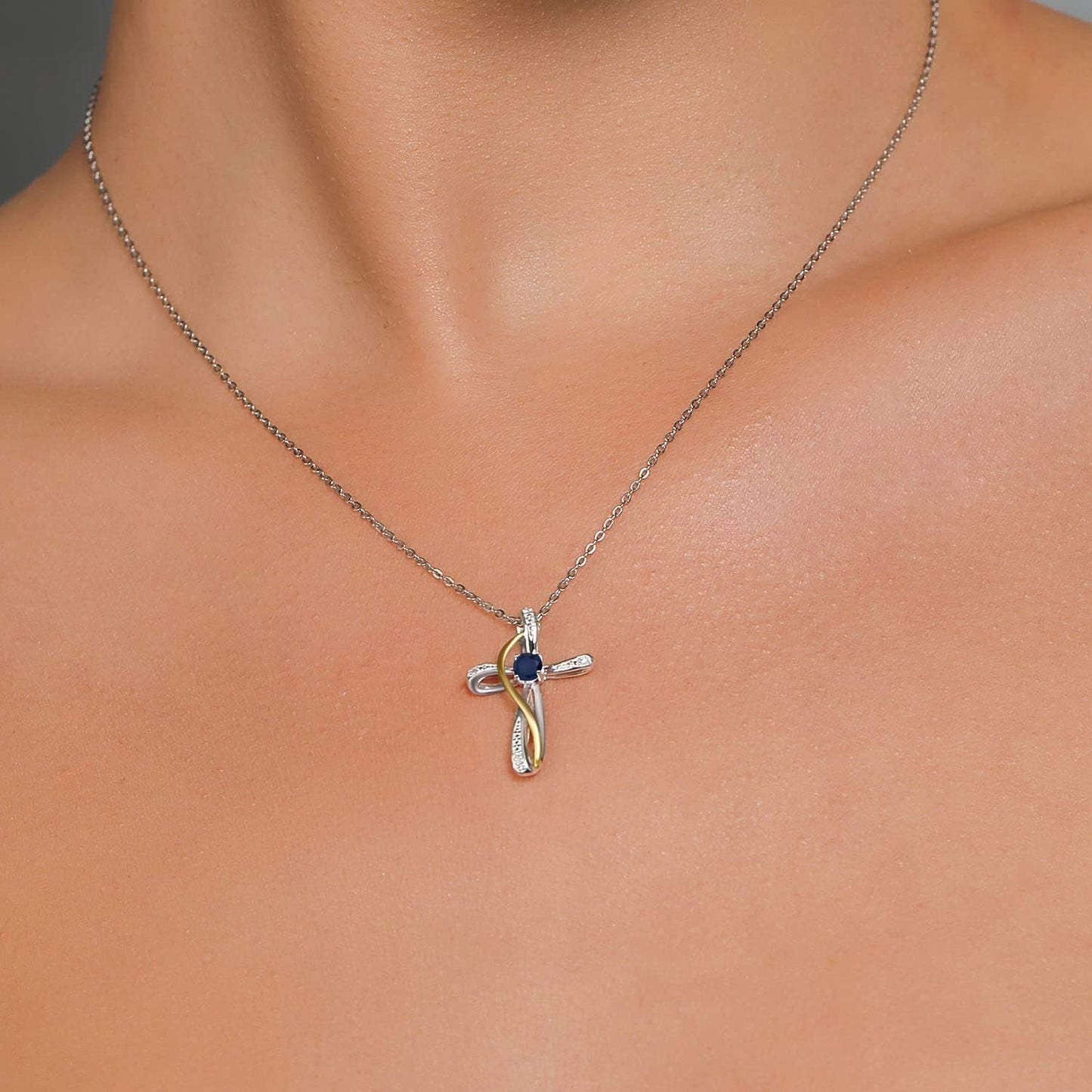 Infinity Cross Necklace for Women | 925 Sterling Silver and 10K Yellow Gold | Gemstone Birthstone and White Lab Grown Diamond Cross Faith Pendant Necklaces | with 18 Inch Chain