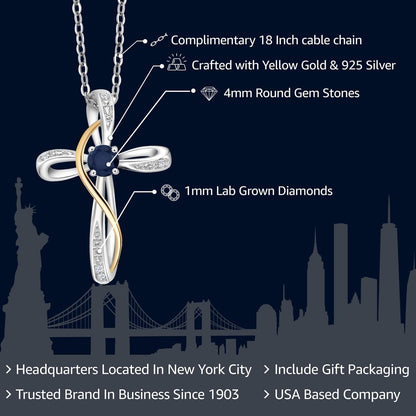 Infinity Cross Necklace for Women | 925 Sterling Silver and 10K Yellow Gold | Gemstone Birthstone and White Lab Grown Diamond Cross Faith Pendant Necklaces | with 18 Inch Chain