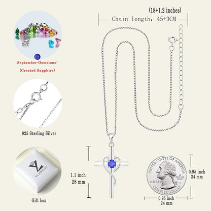 Infinity Heart Cross Necklace Sterling Silver Crucifix Pendant Gemstones Criss Jewelry for Women