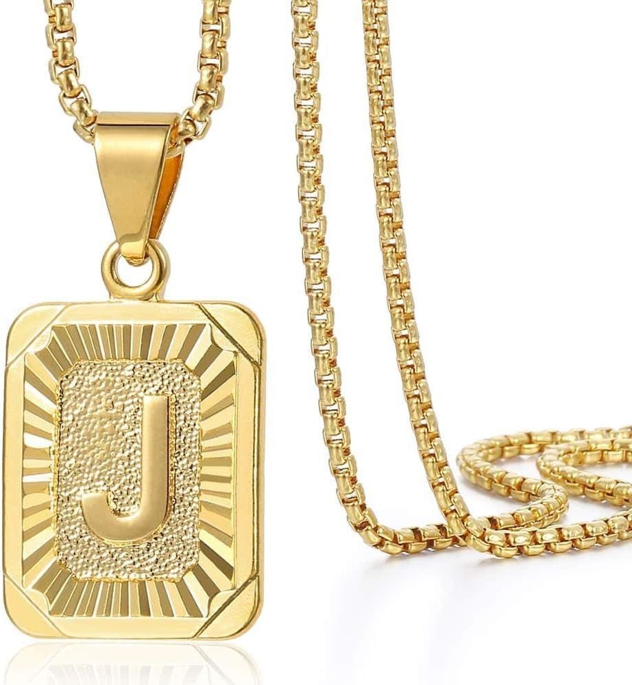 Initial A - Z Letter Pendant Necklace Mens Womens Capital Letter Yellow Gold Plated Stainless Steel Box Chain 22Inch - WORLD TIME VISITS