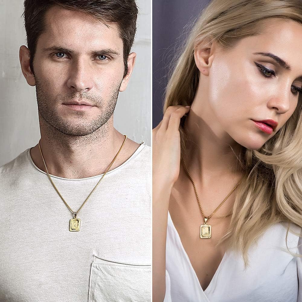 Initial A - Z Letter Pendant Necklace Mens Womens Capital Letter Yellow Gold Plated Stainless Steel Box Chain 22Inch - WORLD TIME VISITS
