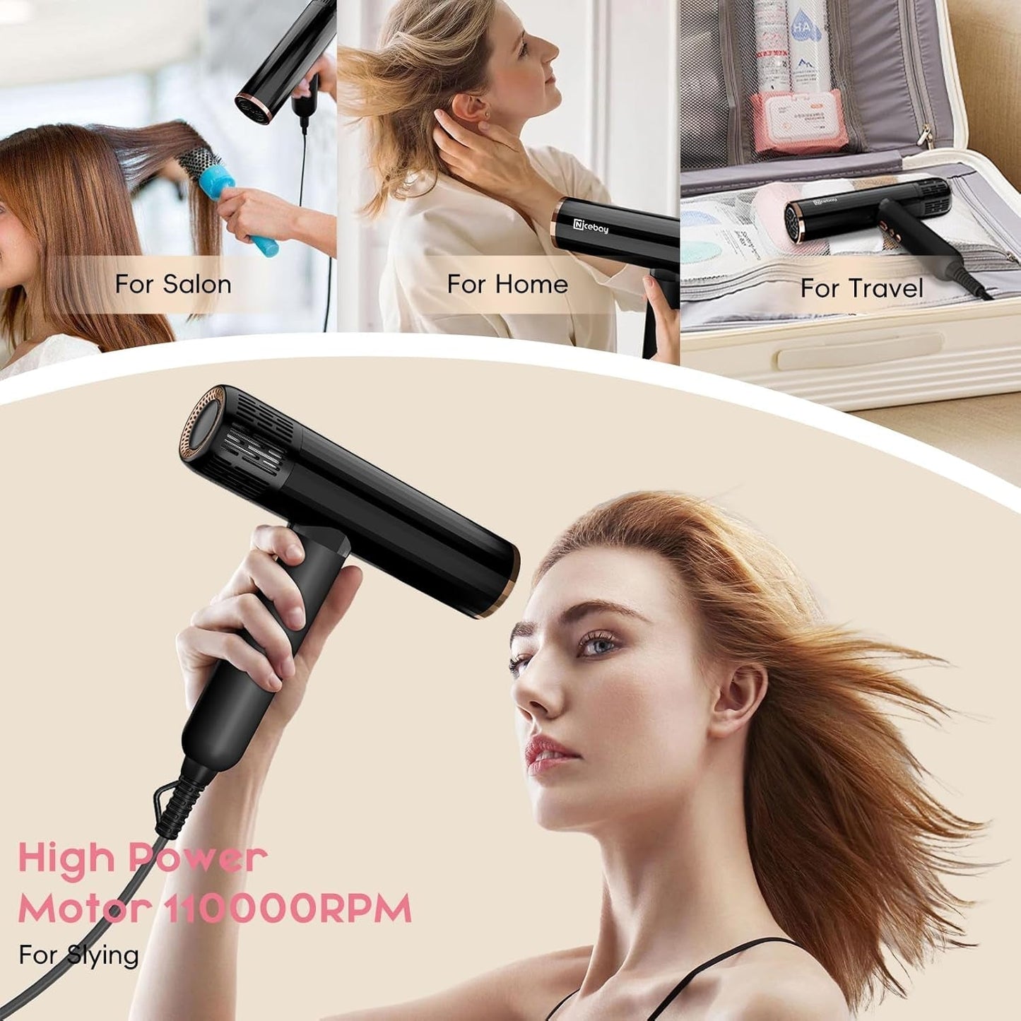 Ionic Hair Dryer with Diffuser, 1600W &110000RPM High-Speed Brushless Motor for Rapid Drying. Lightweight, Constant Temperature, Salon Blow Dryer with 3 Magnetic Attachments