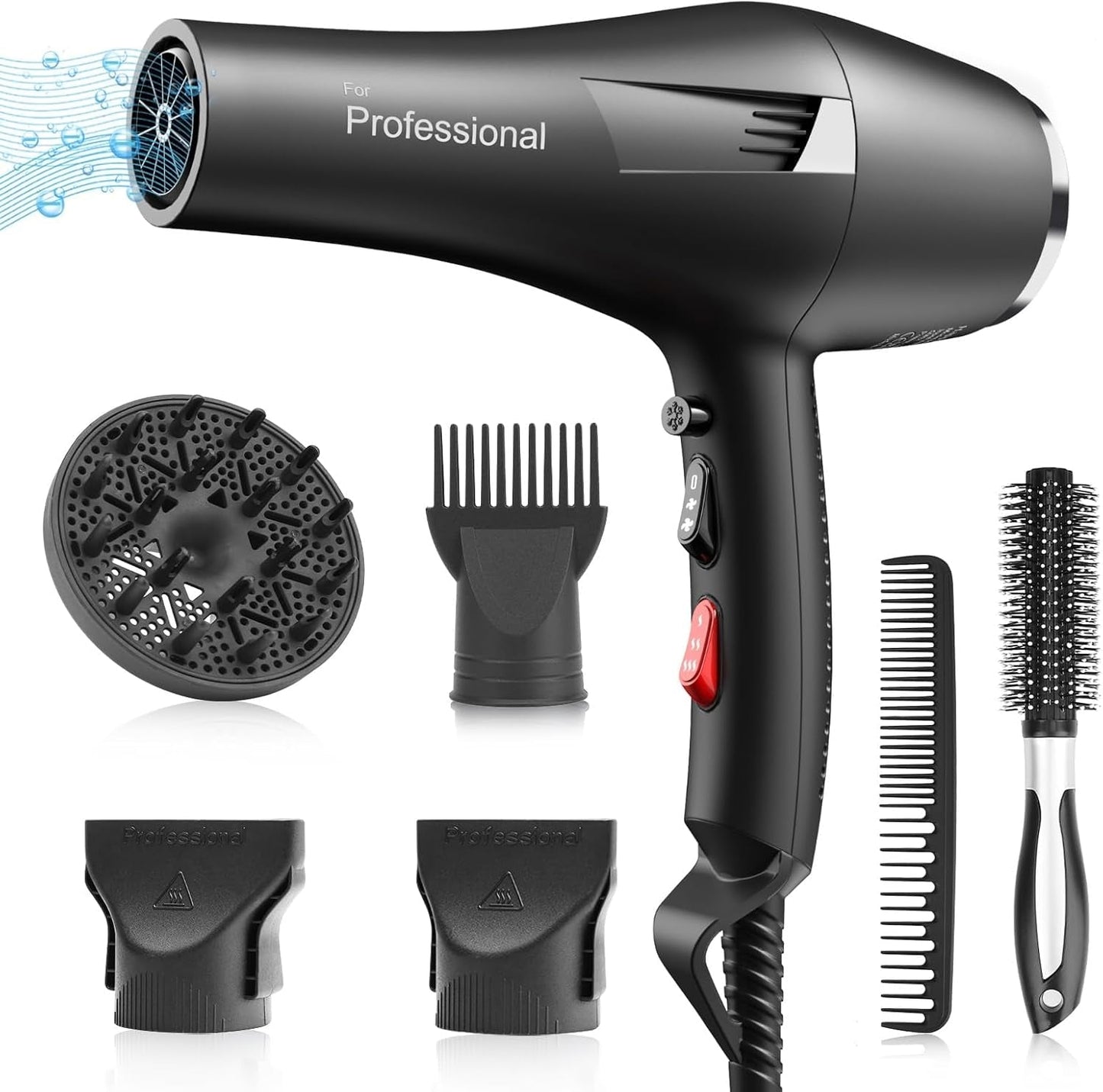 Ionic Salon Hair Dryer, Professional Blow Dryer AC Motor Fast Drying with 2 Speed, 3 Heat Setting, Cool Button, with Diffuser, Nozzle, Concentrator Comb for Curly & Straight Hair - Black - WORLD TIME VISITS