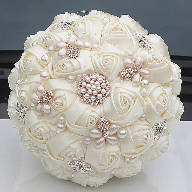 Ivory Rose Bride Wedding Bouquets Pearl Jewelry Brooch Bouquet Flowers 18Cm - WORLD TIME VISITS