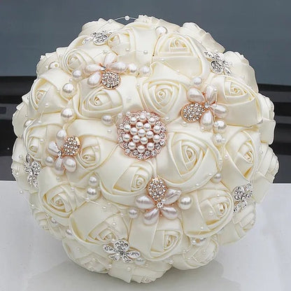 Ivory Rose Bride Wedding Bouquets Pearl Jewelry Brooch Bouquet Flowers 18Cm - WORLD TIME VISITS