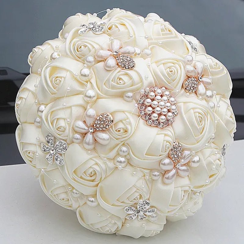 Ivory Rose Bride Wedding Bouquets Pearl Jewelry Brooch Bouquet Flowers 18Cm - WORLD TIME VISITS